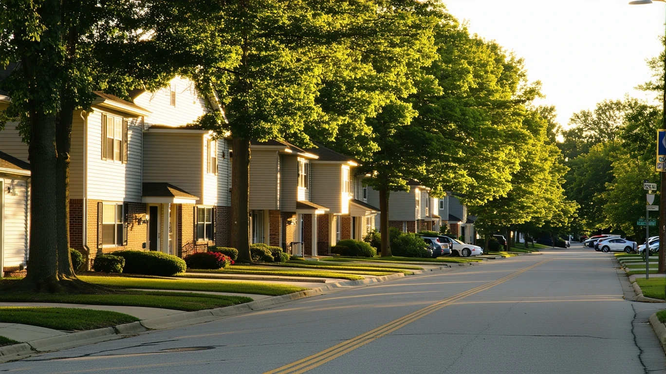 A peaceful residential street in Noblesville, Indiana with one-story homes and large trees casting long shadows in the early morning light.
