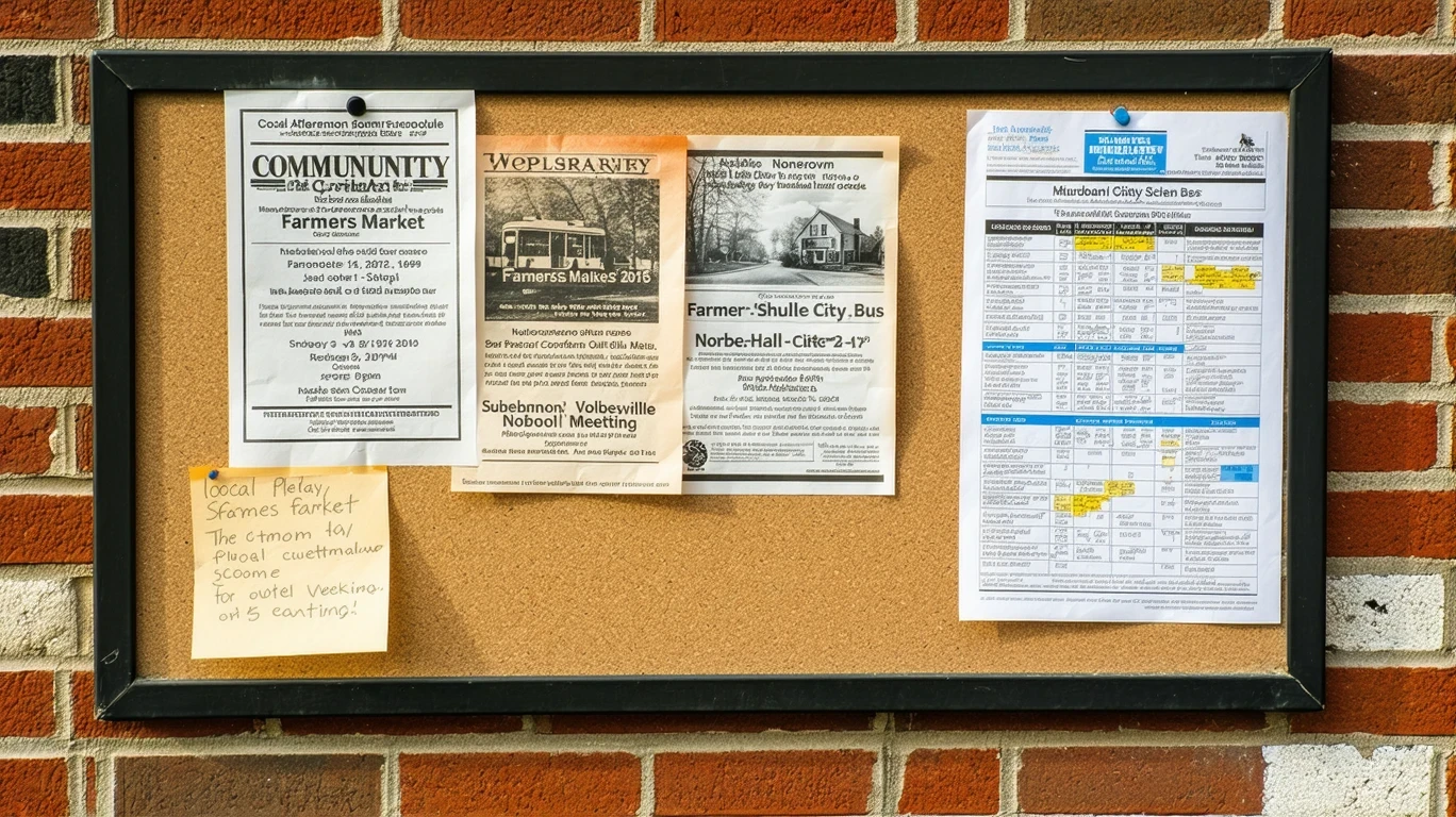 A community corkboard with local event flyers and bus schedules pinned to a brick wall.