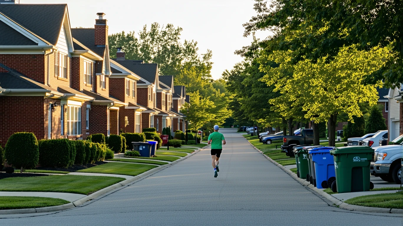 A jogger runs past red-brick homes on a calm suburban street lined with trees and trash bins.