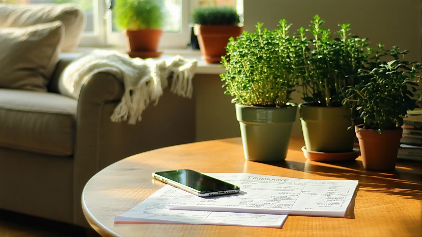 A cluttered kitchen table with a phone, receipt, budget notes, and delivery menu.