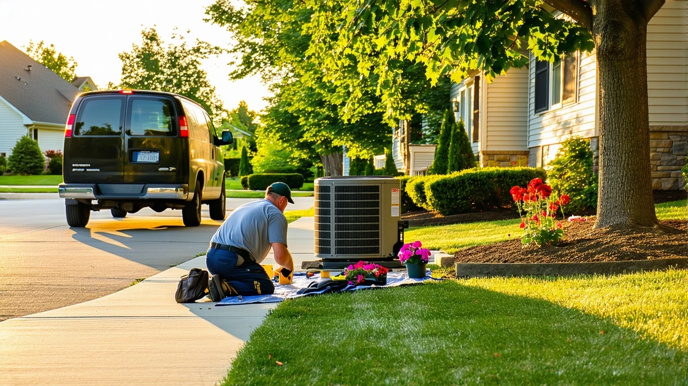 HVAC technician servicing outdoor AC unit in front yard of suburban home.