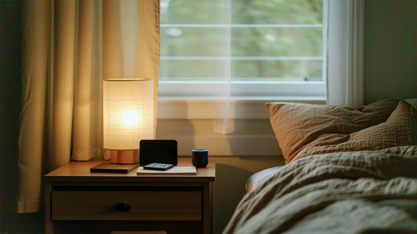 A nightstand with a remote, phone, and smart speaker in a simply decorated bedroom.
