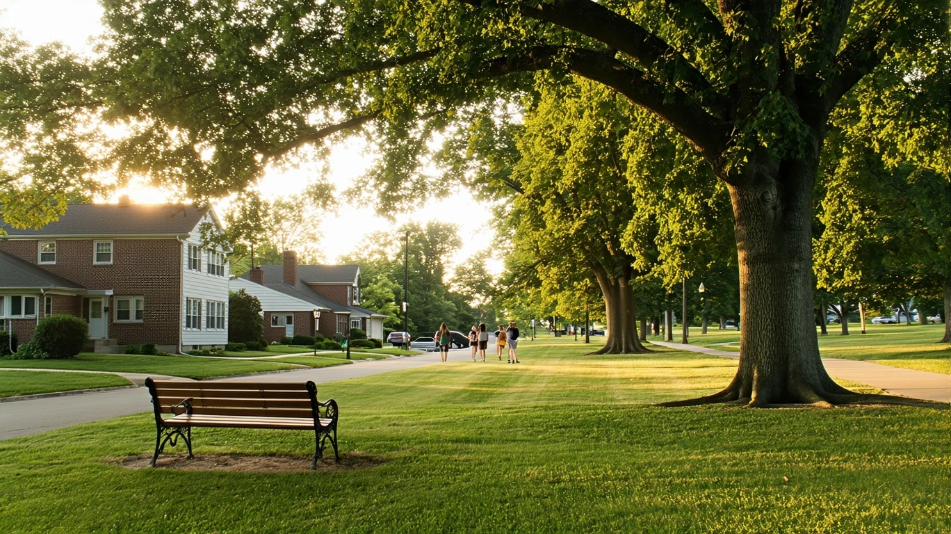 A peaceful park lawn in Noblesville, Indiana with benches and oak trees in golden-hour light.