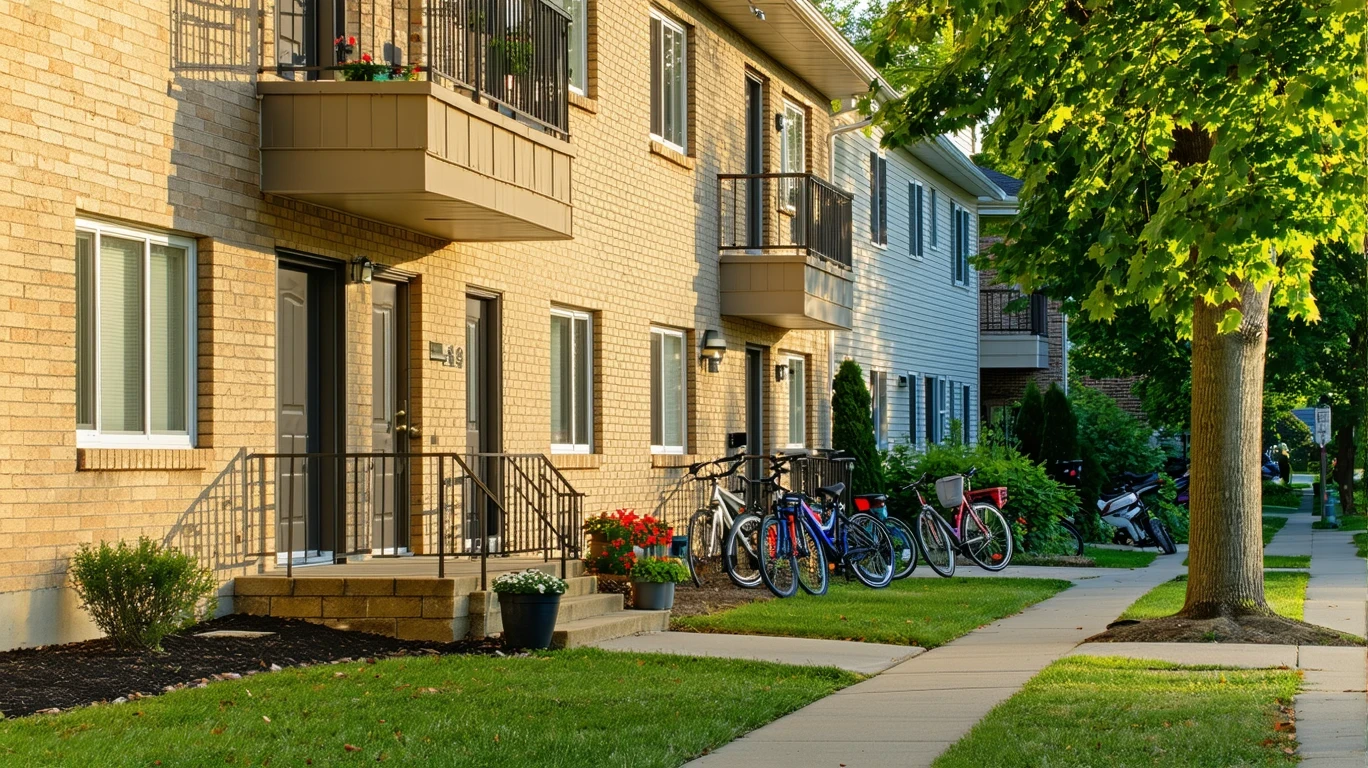 Exterior view of a small apartment building on a suburban street in Noblesville, with potted plants and bicycles.