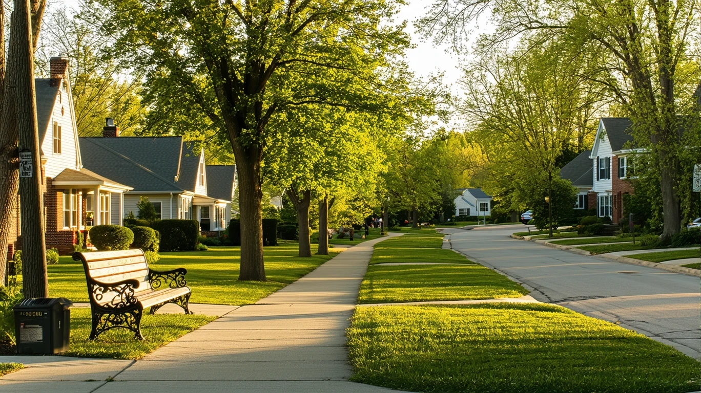 A suburban neighborhood park in Noblesville, Indiana with trimmed hedges, a bench, and a path on a sunny day.