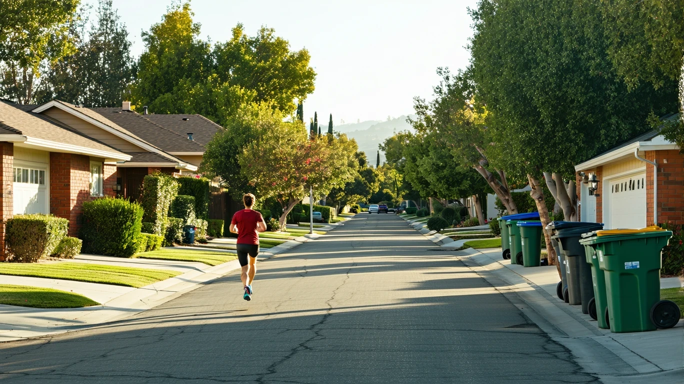 A jogger runs past a row of red-brick homes with green bins lined up along the curb on a sunny suburban street.