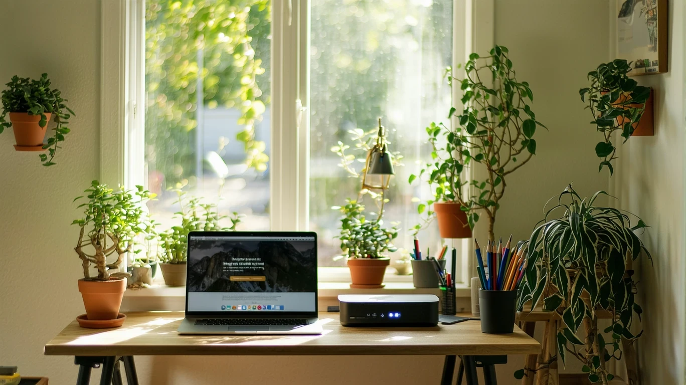 A tidy home office desk with an ethernet cable, modem, and router.