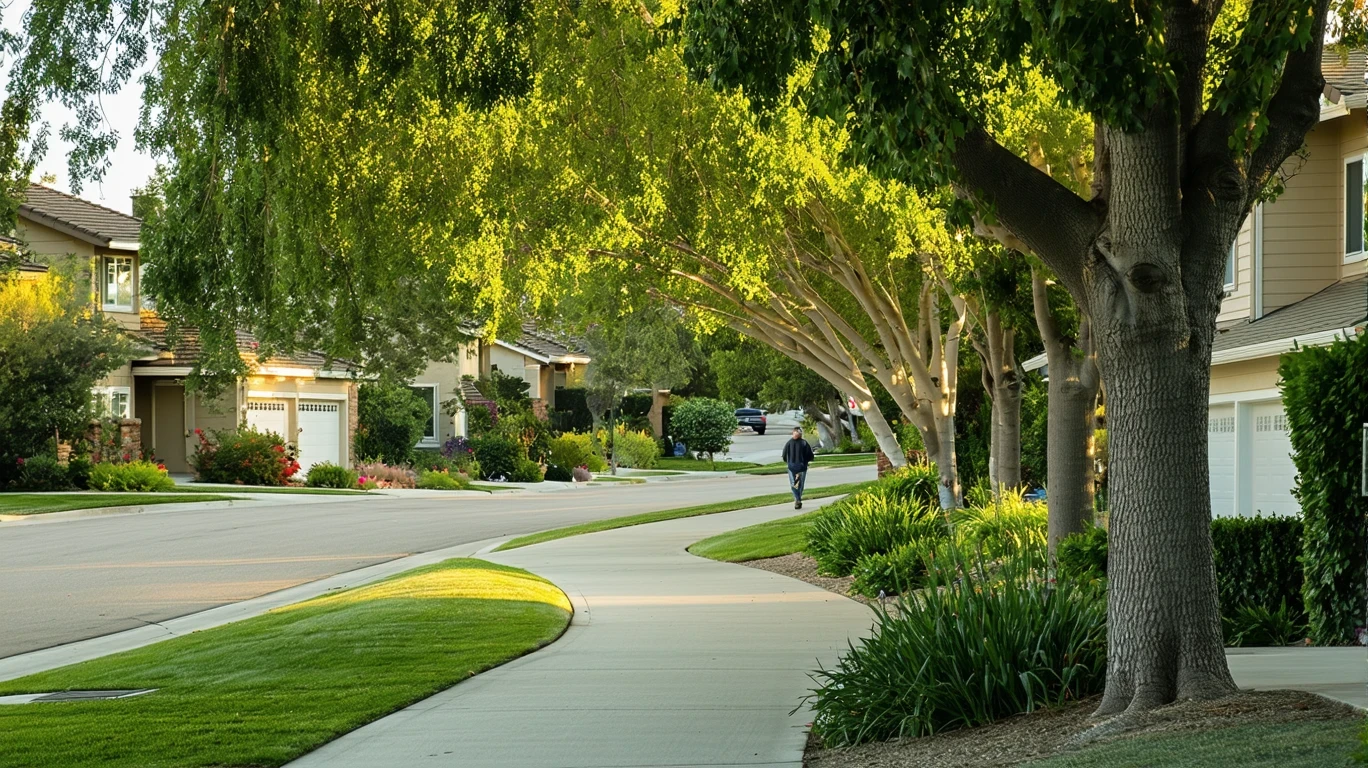 Tree-lined sidewalk curving through a residential Norco neighborhood with glimpses of tidy homes.