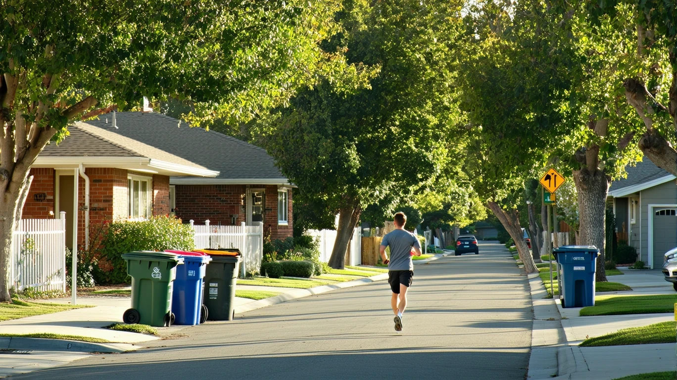 Suburban street in Norco, California with brick homes, trash bins on the curb, and a jogger.