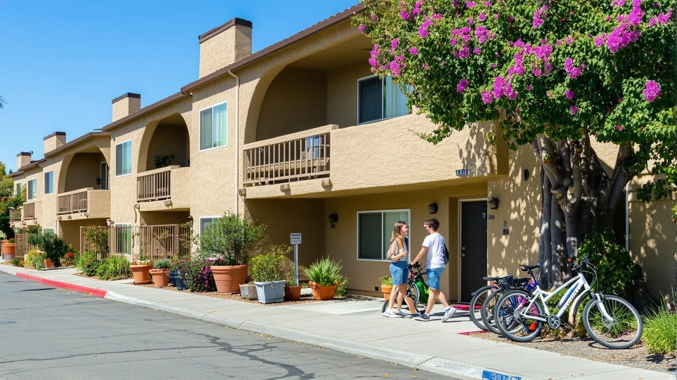Apartment building in Ontario, California with arched doorways, potted plants, bicycles, and a couple walking by.
