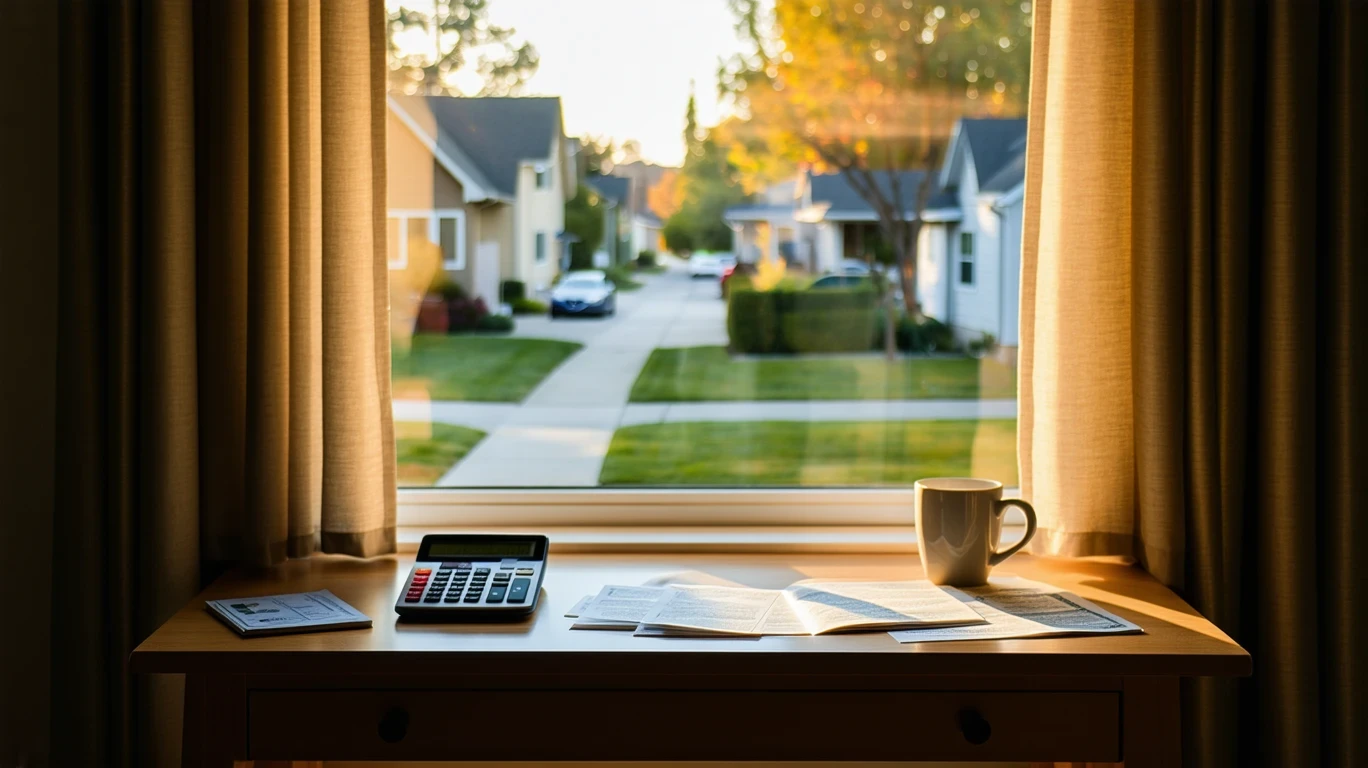 A small desk by a window with bills, a calculator, and a coffee mug, overlooking a suburban street.