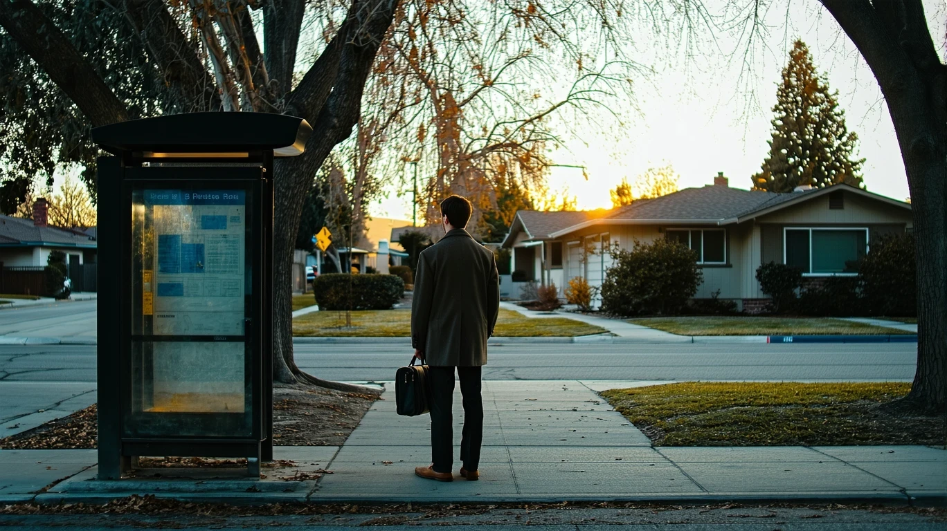 A young man in a coat waiting at a bus stop on a tree-lined suburban street at dawn.