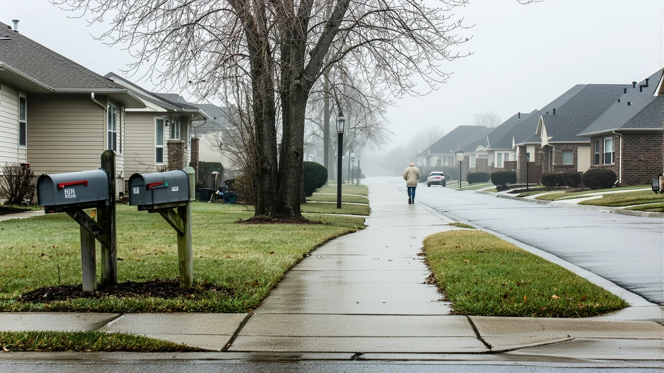 A curving sidewalk in a Norco neighborhood with gray mailboxes and a person walking on a cloudy day.