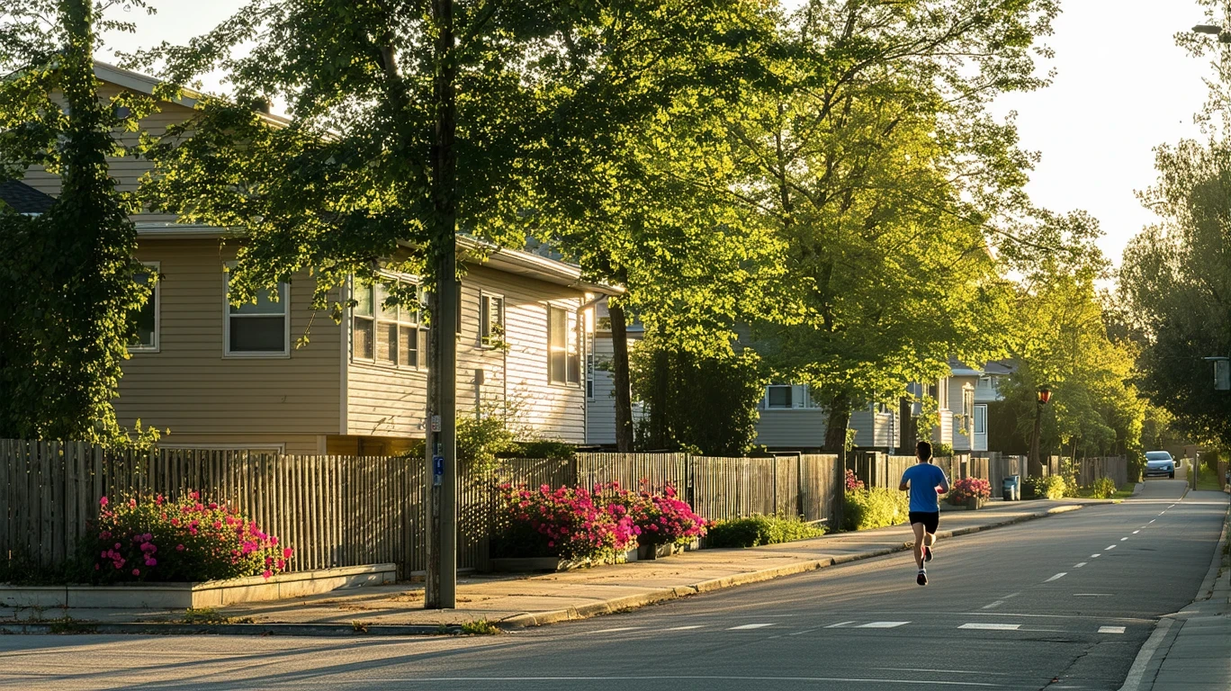 A residential Riverside street in morning light with homes, trees, a fence, and a jogger in the distance.