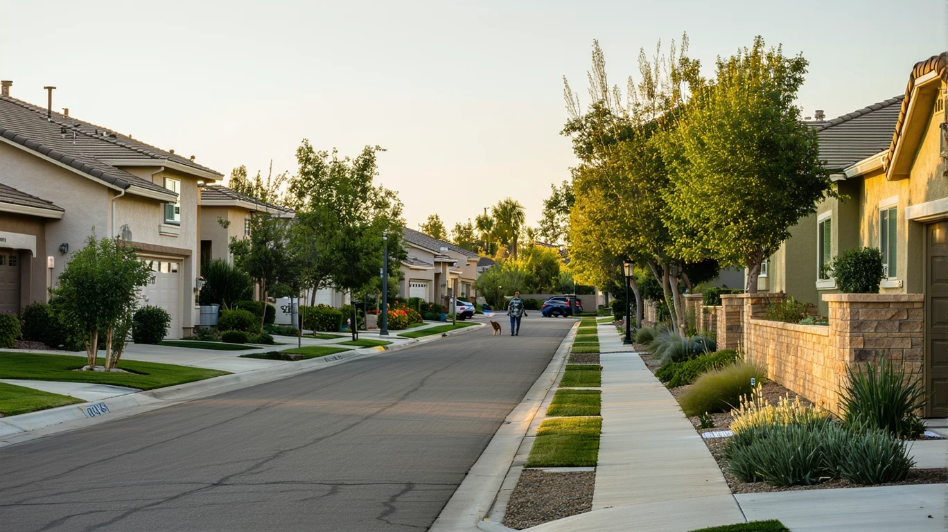 Suburban cul-de-sac in Norco, California with ranch homes, native landscaping, and long morning shadows.