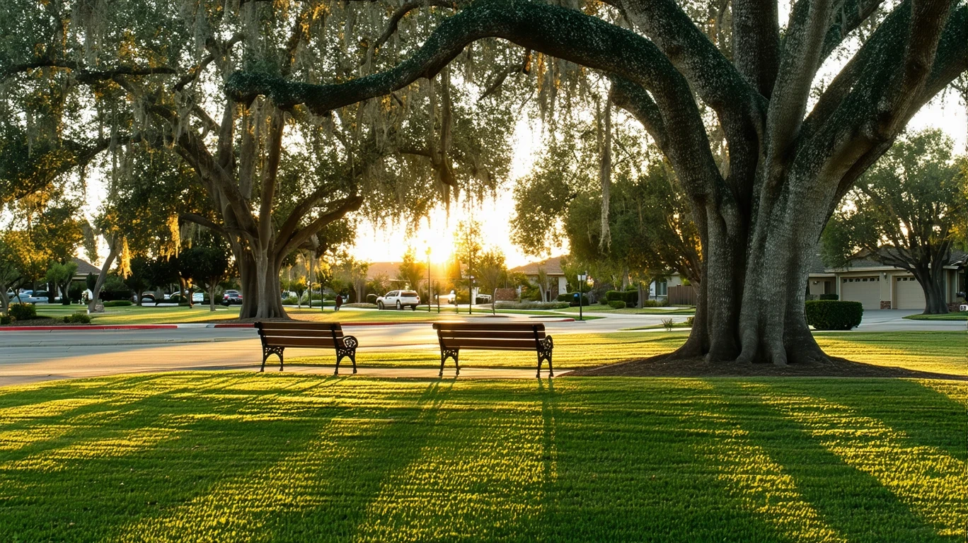 Tranquil park with oak trees and empty benches in golden evening light.