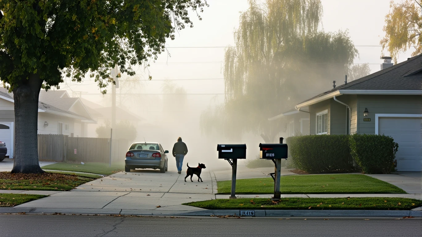 A foggy morning street in Norco, California with houses, mailboxes, a maple tree, and a parked car.