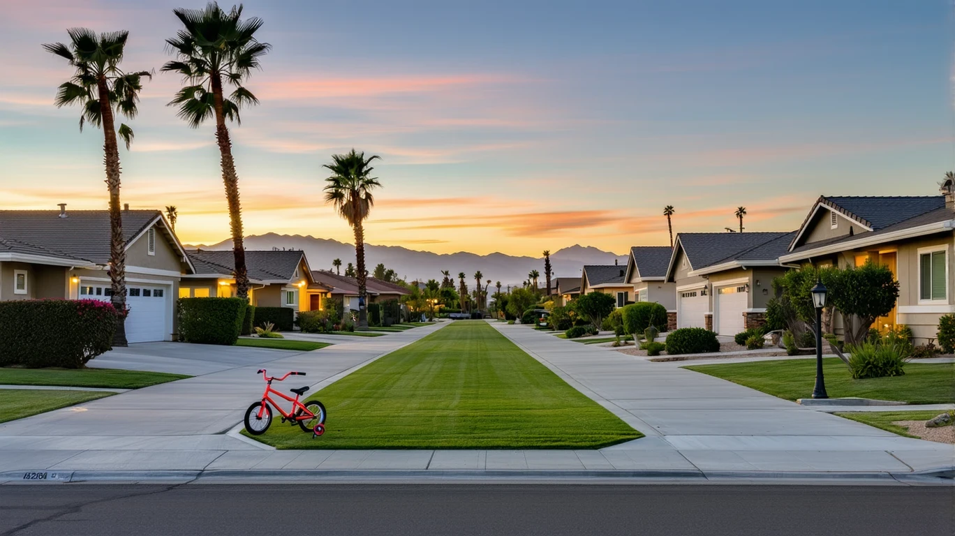 A peaceful suburban cul-de-sac in Norco, California at sunset with tidy homes, flickering porch lights, and a child's bicycle on the sidewalk.