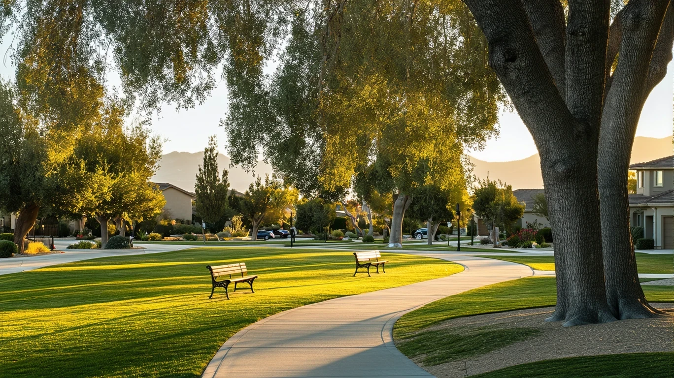 A serene neighborhood park in San Bernardino with lush green lawns, large oak trees, empty wooden benches and golden afternoon light.