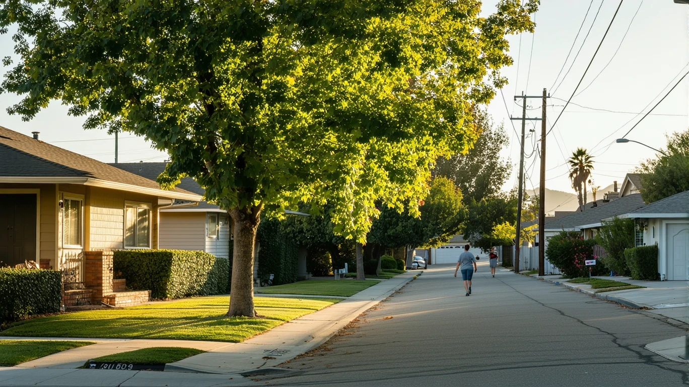 Tree-lined suburban street in Norco, California with ranch homes and a pedestrian on the sidewalk.