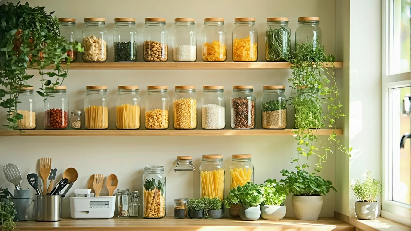 A pantry shelf stocked with jars of beans, pasta, and rice.