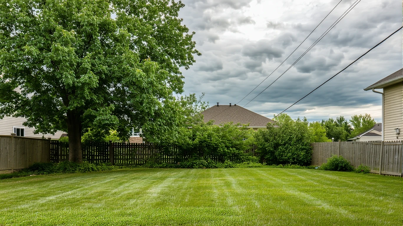 Backyard with overgrown grass and leaning fence under gray storm clouds, power lines overhead.