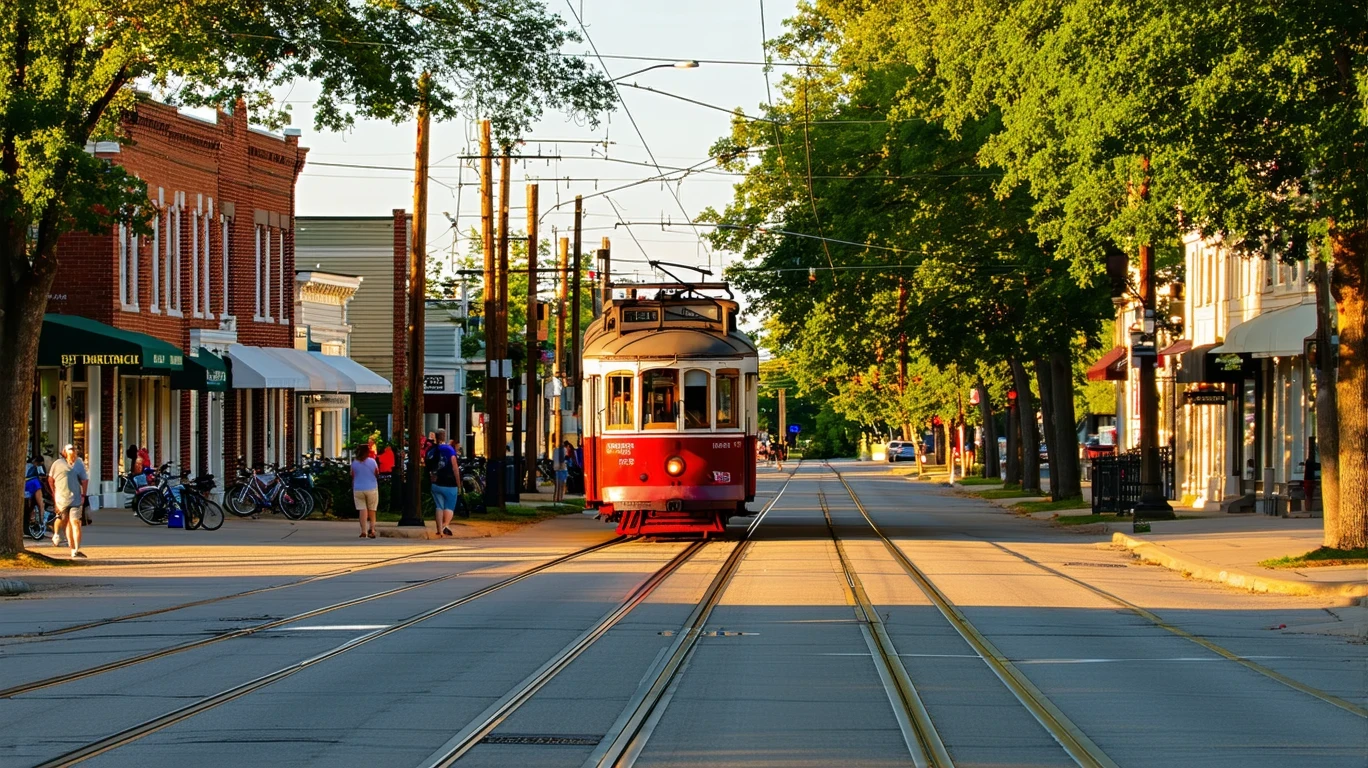 A red and cream trolley turning onto a tree-lined downtown street with storefronts and a few pedestrians.