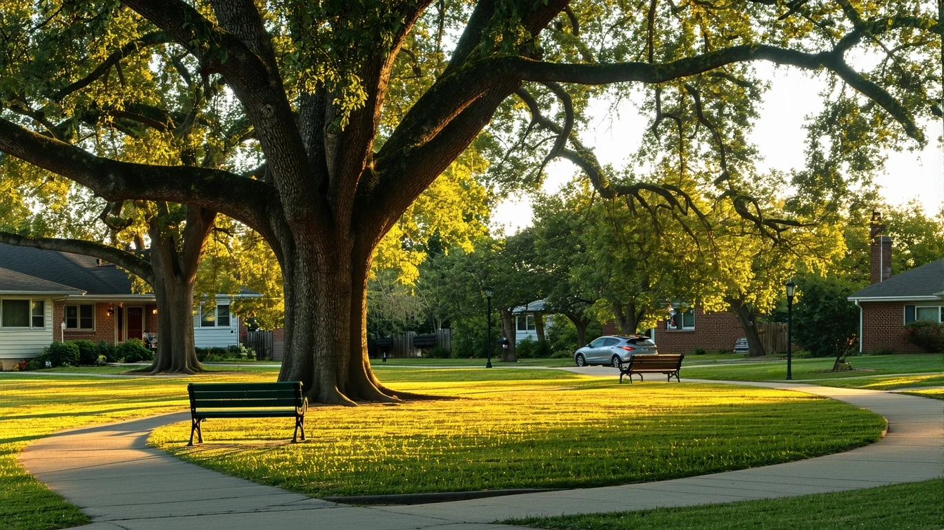 A quiet park lawn beneath old oak trees in Oak Lawn, IL at sunset, with empty benches and golden light stretching across the grass.