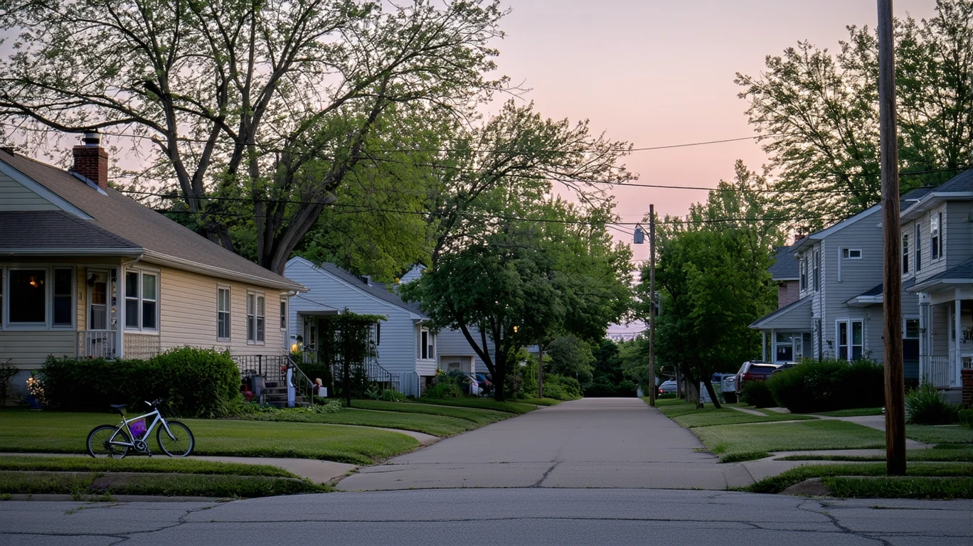 A peaceful suburban cul-de-sac at dusk, with porch lights illuminating small homes and a child's bicycle near the curb.