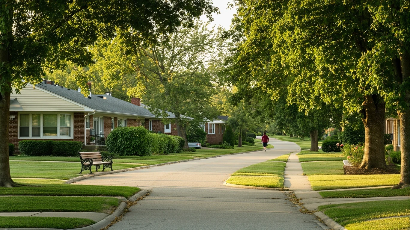 A peaceful park with a bench and path in a tree-lined Oak Lawn neighborhood on a sunny day.