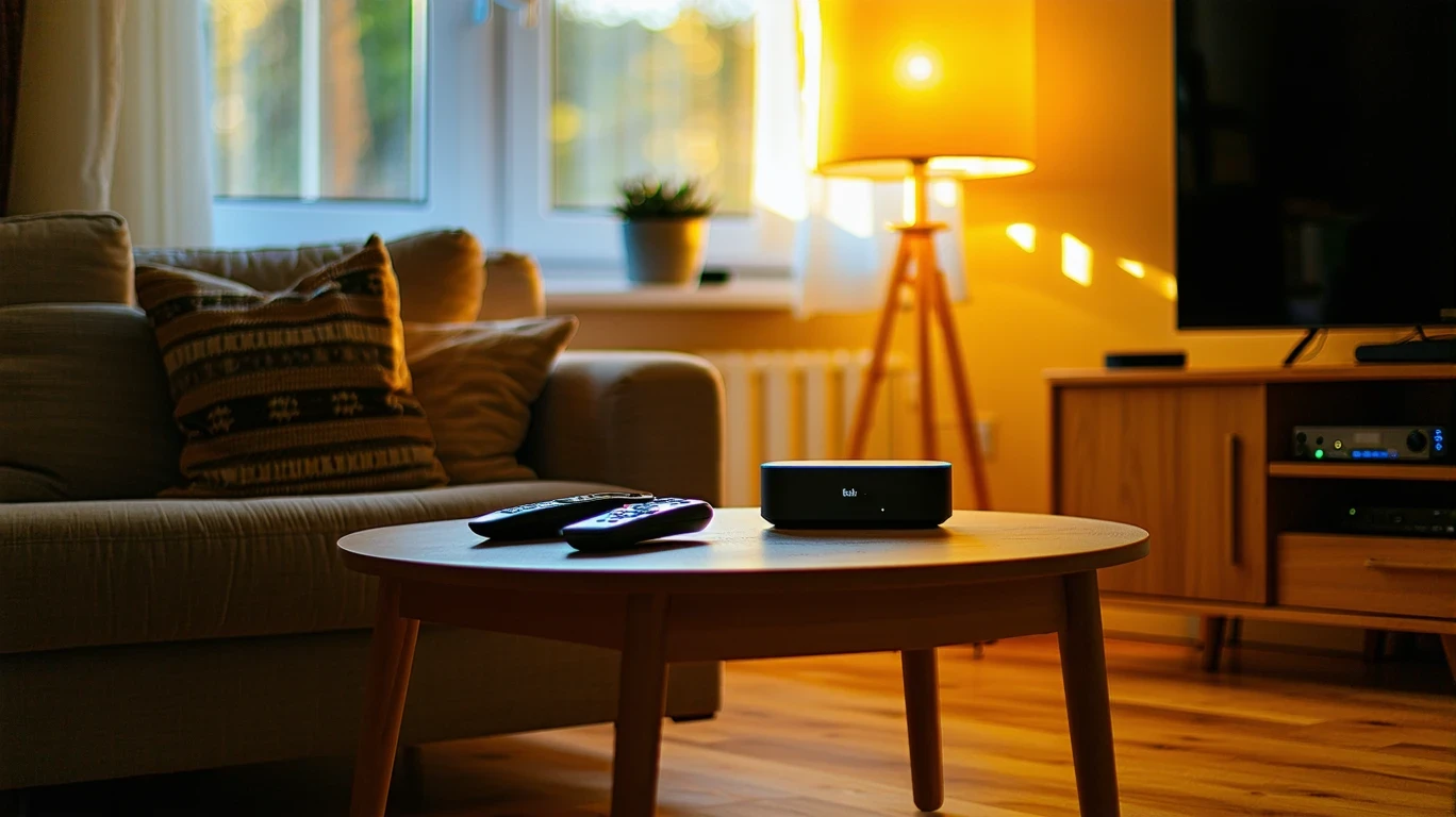 A side table with streaming remotes and a smart speaker next to a couch in a living room.