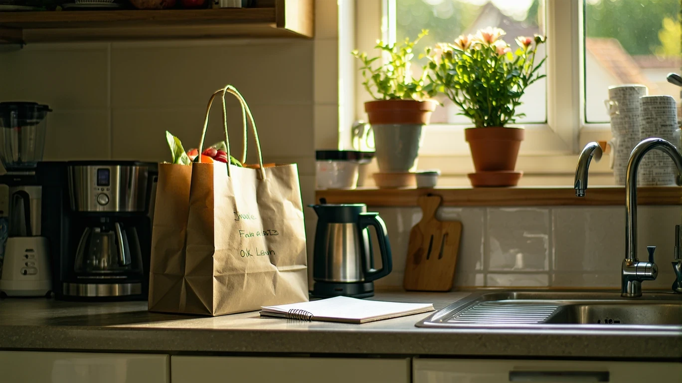 A grocery bag, shopping list, and receipts on a kitchen counter in warm light