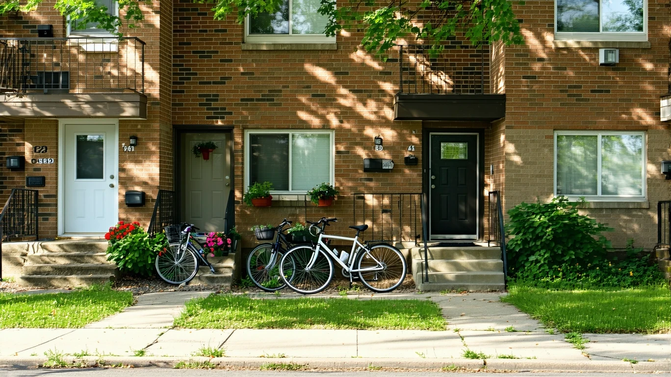 A red brick apartment building in Oak Lawn, IL with bicycles resting out front.