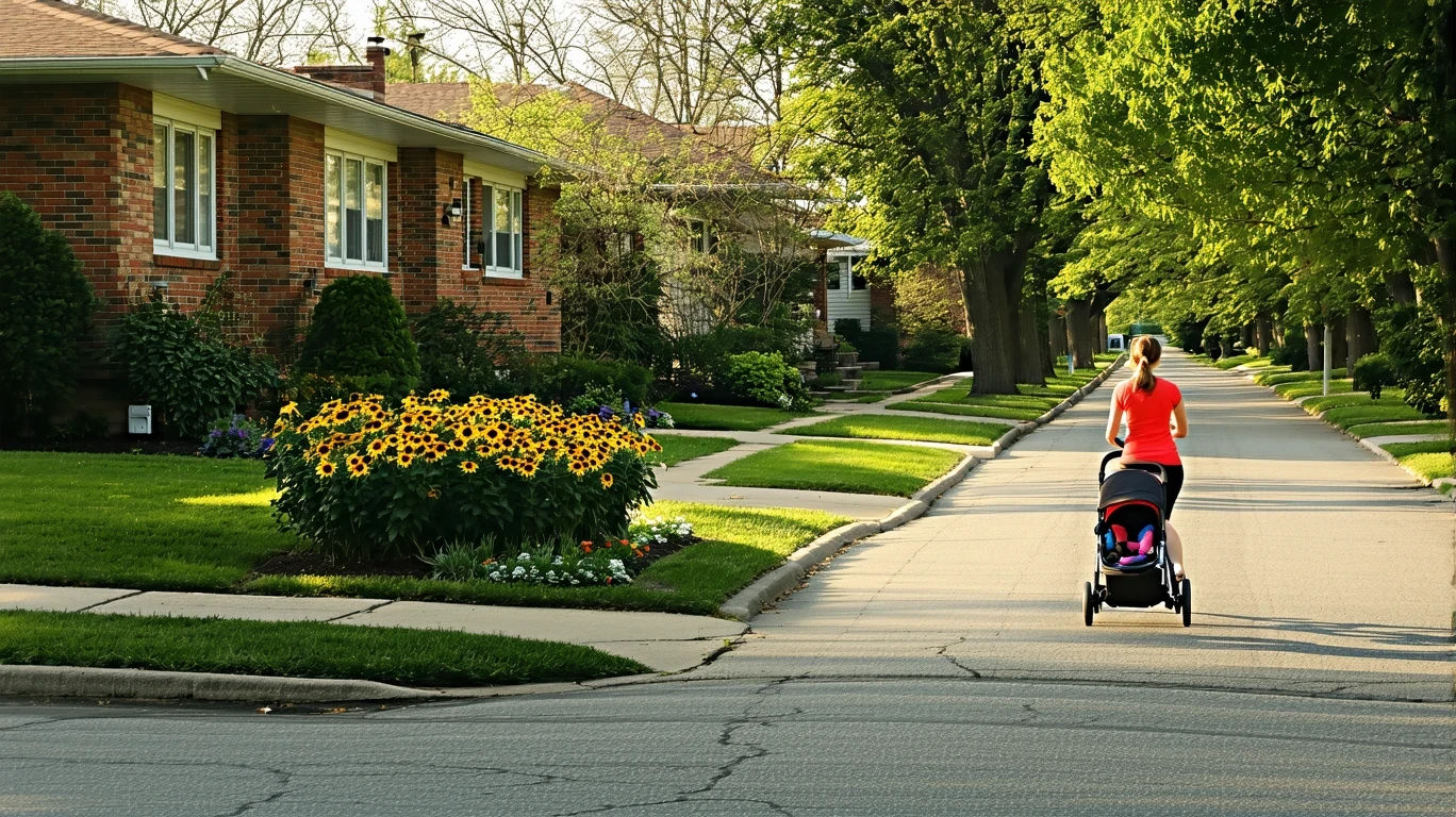 A peaceful suburban cul-de-sac in Oak Lawn, Illinois on a sunny morning, with brick homes, a low garden wall, and a woman jogging with a stroller.