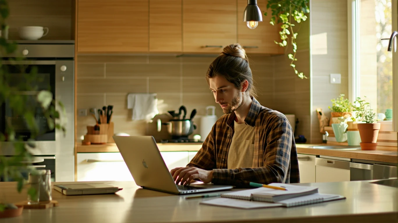 A single parent reviews their budget on a laptop in a tidy, warmly lit suburban kitchen.