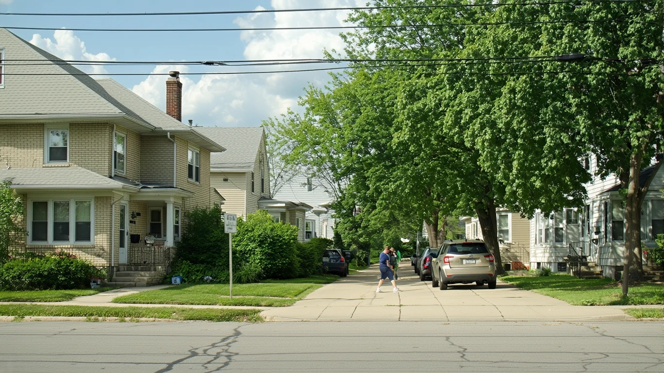 A quiet suburban street corner in Oak Lawn, Illinois with older homes, patchy lawns, a parked car, and a person walking in the distance.