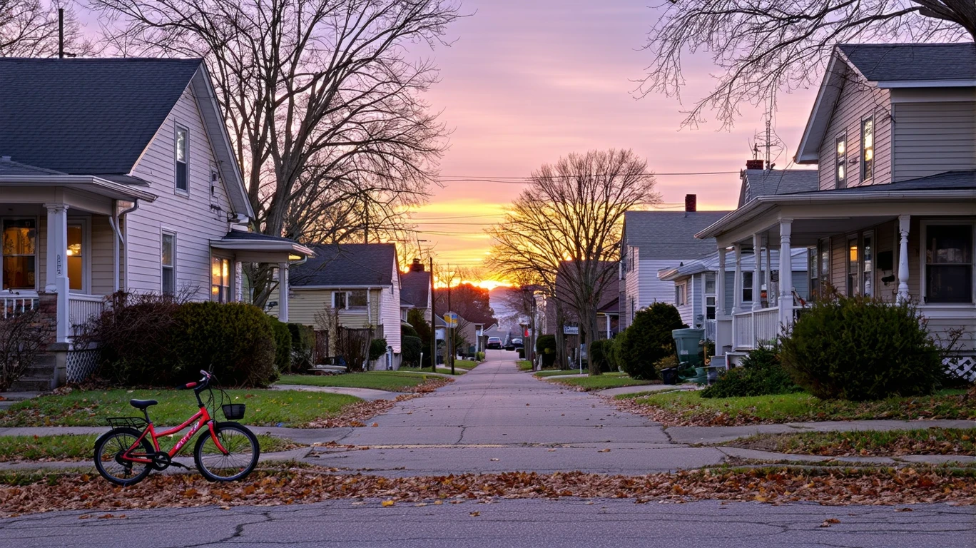 A quiet cul-de-sac in Oak Lawn, IL at dusk with porch lights turning on and a child's bicycle near the curb.