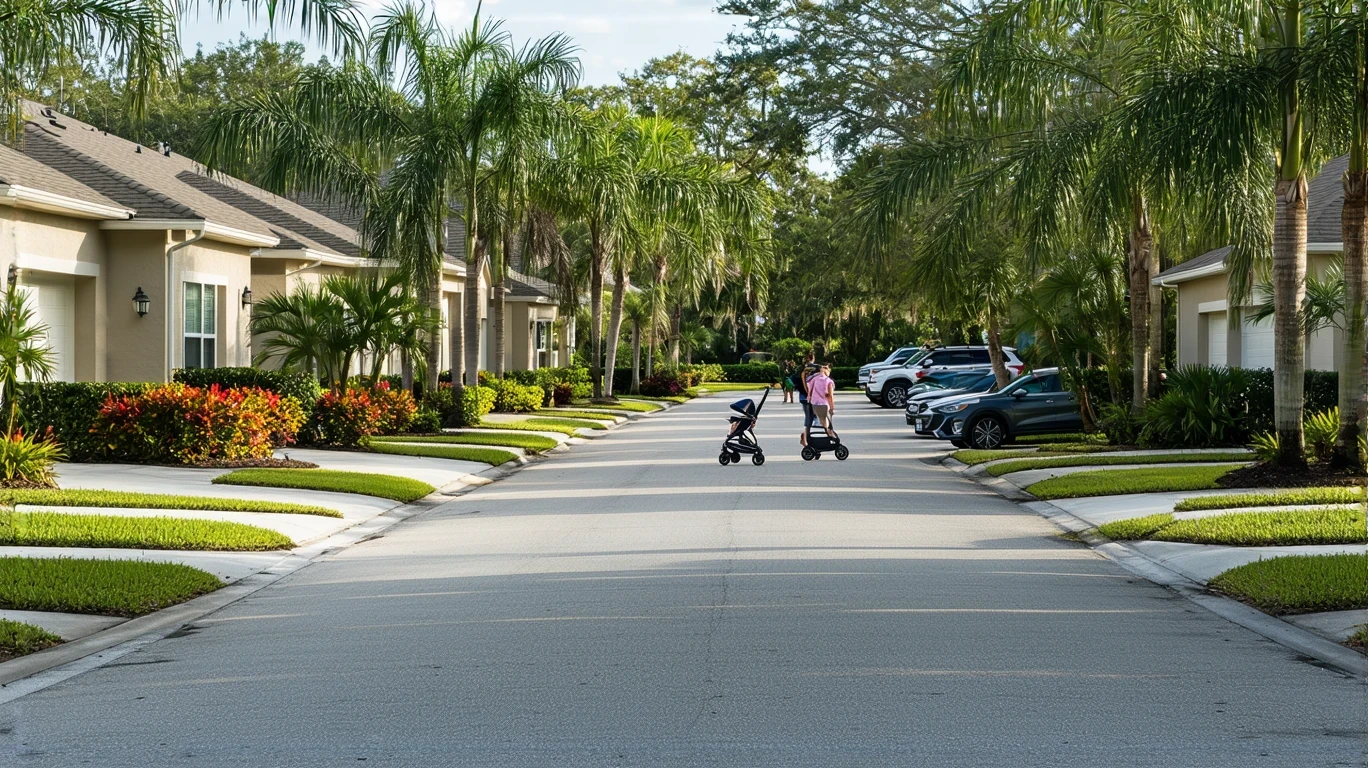 A sunny suburban street in Oldsmar, Florida lined with well-maintained stucco homes and tropical landscaping.