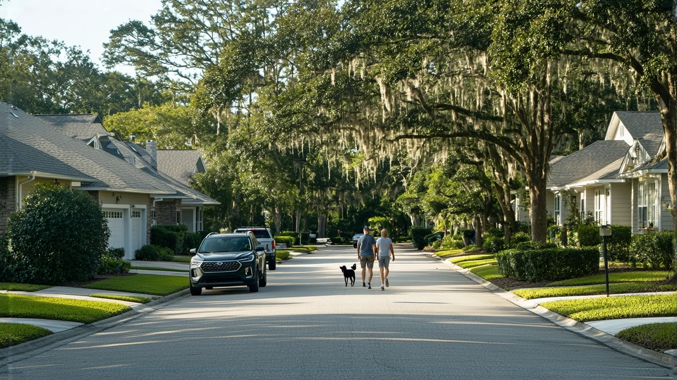 A sunny suburban street in Oldsmar, Florida lined with craftsman and ranch-style homes.
