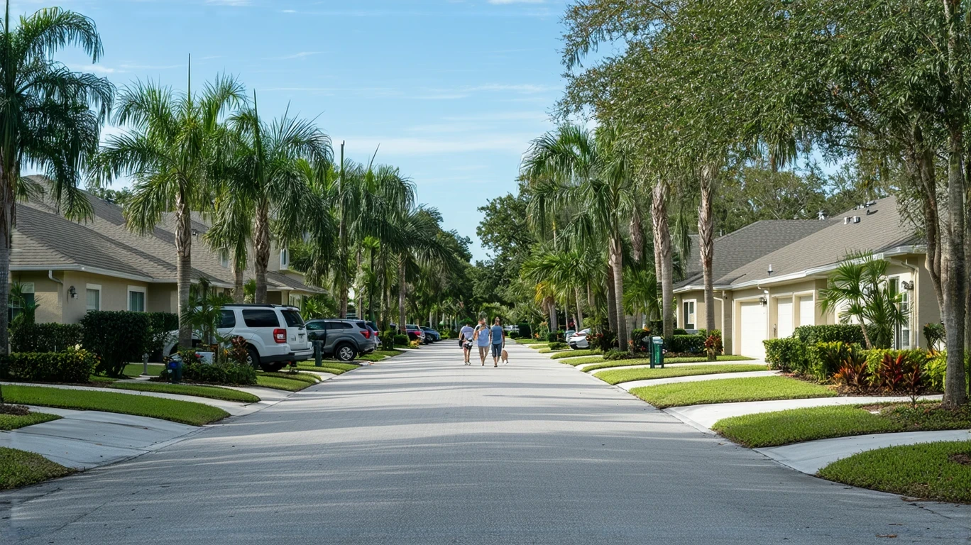 A sunny suburban street in Oldsmar, Florida lined with well-kept homes, a couple walking their dog, and a resident watering their garden.