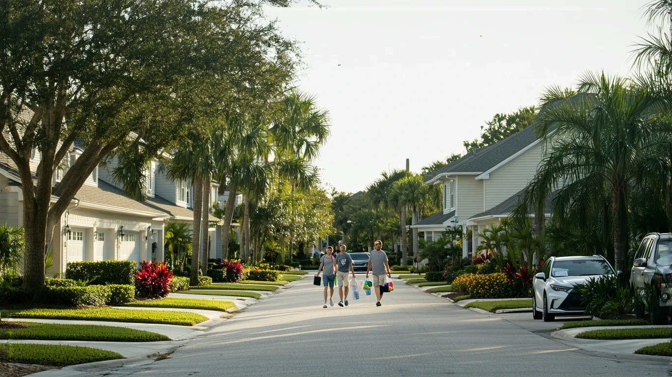 A couple carrying groceries walks down a sidewalk lined with stucco homes and palm trees in Oldsmar, Florida.