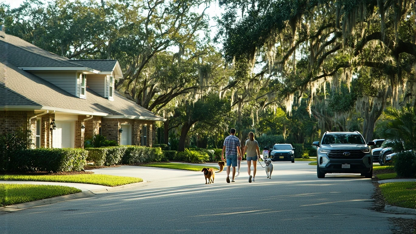 Suburban street in Oldsmar, Florida with craftsman style homes and a couple walking their dog on the sidewalk.