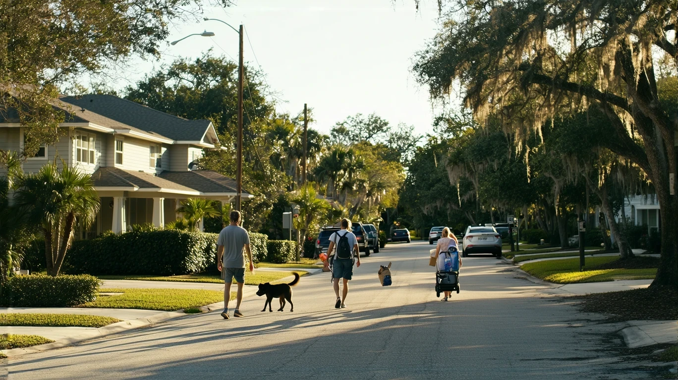 A sunny suburban street in Oldsmar with two homes, a man walking his dog, and a woman carrying groceries.