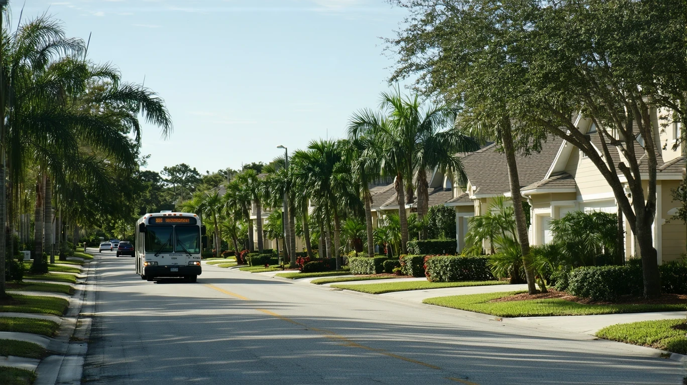 A quiet suburban street in Oldsmar, Florida with stucco homes, palm trees, and a PSTA bus driving by.