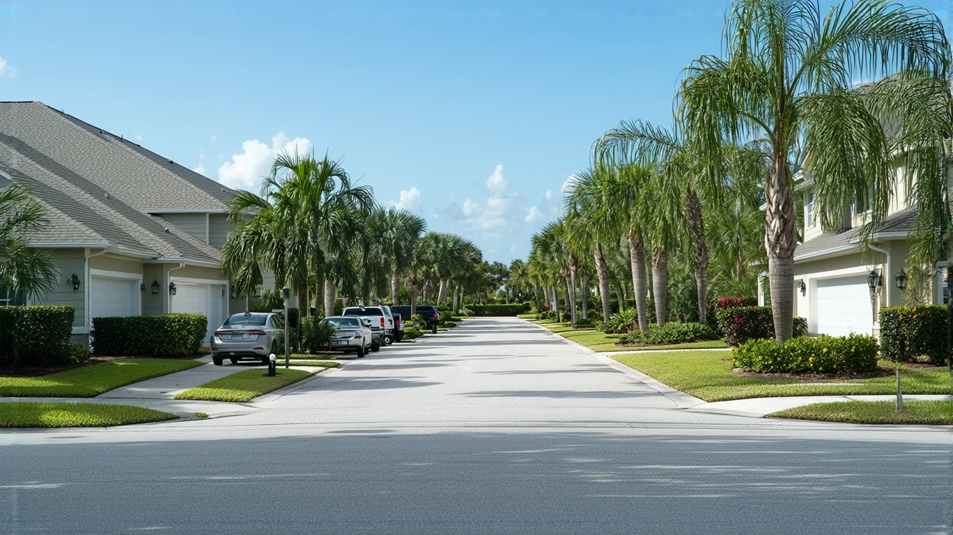 A sunny residential street in Oldsmar, Florida lined with well-maintained craftsman-style homes and palm trees.