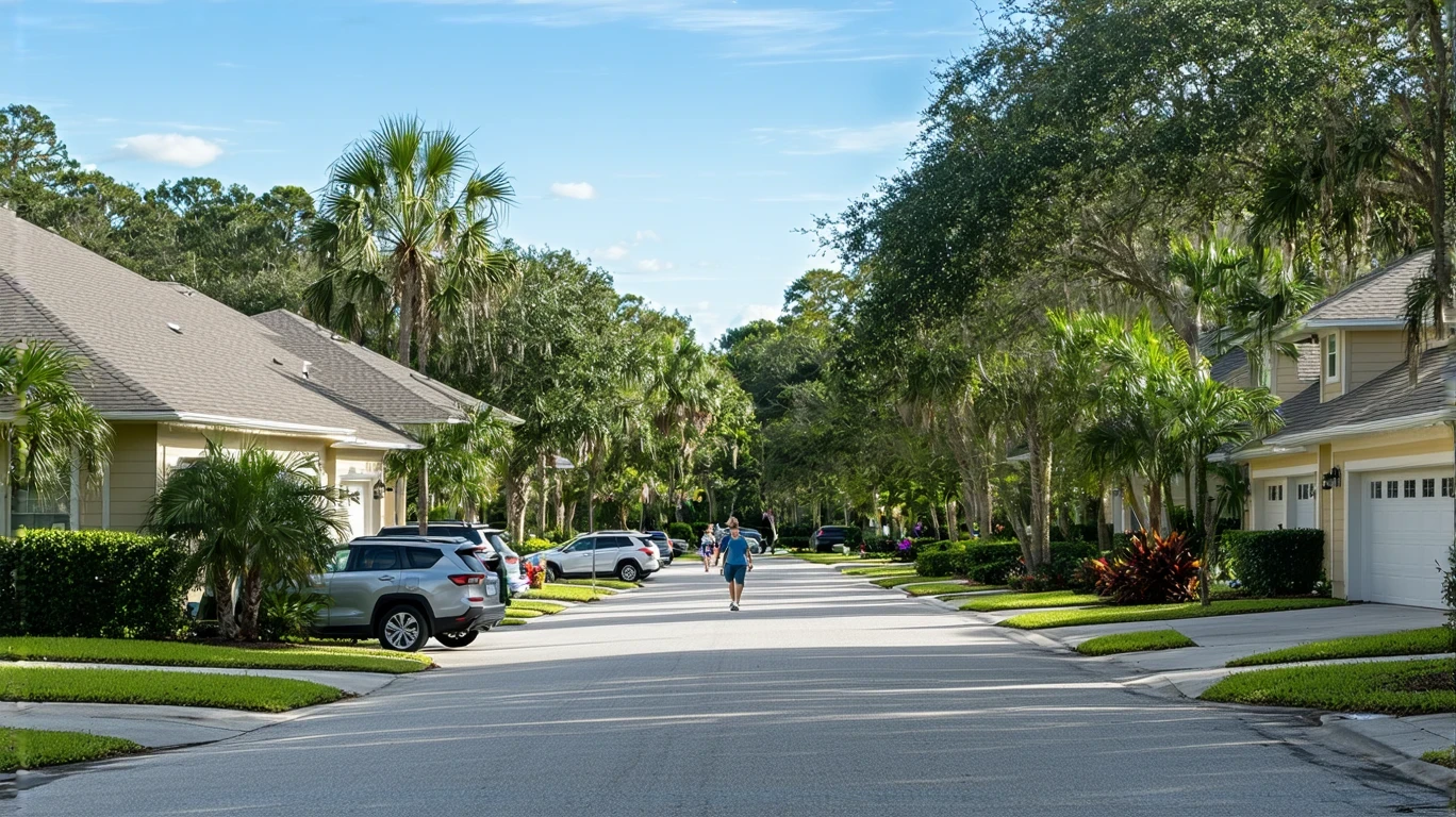 A suburban street in Palm Harbor, Florida lined with craftsman and ranch-style homes.