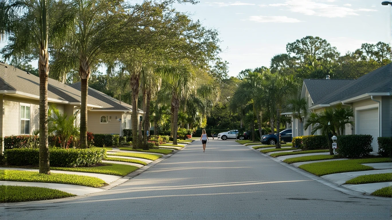 Suburban street in Palm Harbor, Florida with stucco homes, palm trees, and a woman walking her dog.