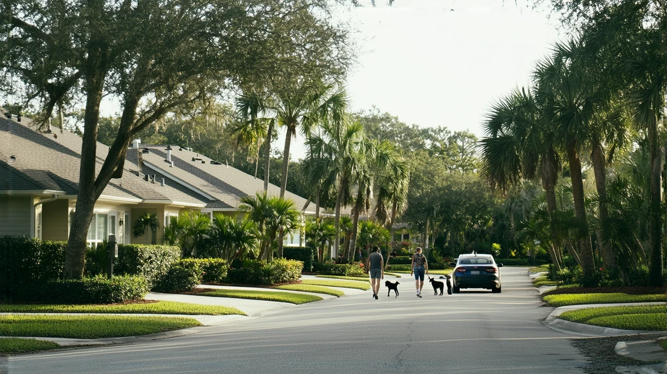 A sunny street in Palm Harbor, Florida lined with modest craftsman and ranch homes, palm trees, and a couple walking their dog on the sidewalk.