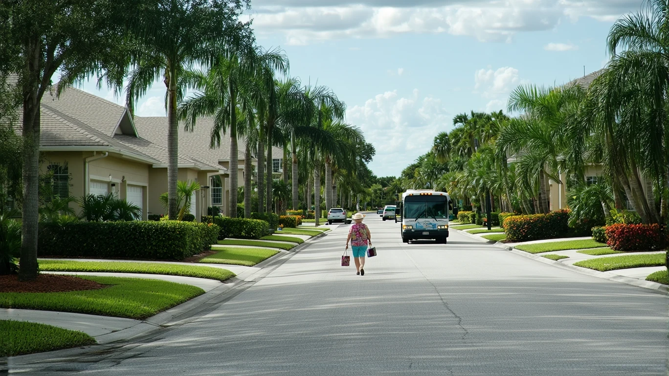 Suburban street in Palm Harbor, Florida with stucco homes, palm trees, and a city bus driving by as an older woman walks on the sidewalk.