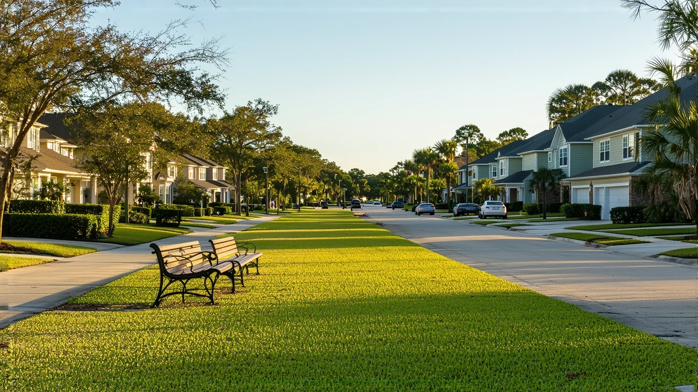 A neighborhood park in Palm Harbor with hedges and a bench, viewed from across the street
